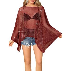 Womens Sparkly Sheer Poncho Top Glitter Mesh See Through Poncho Shawl Batwing Sleeve Asymmetrical Cape Tops Party Club Outfit (One Size, Wine Red(no Bra))