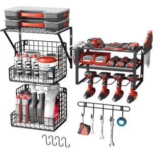 Power Tool Organizer Wall Mount - Multifunctional Garage Organization with Hanging Hooks and Baskets, Wall Shelving Drill Holder, Gift for Man Storage Rack, Black