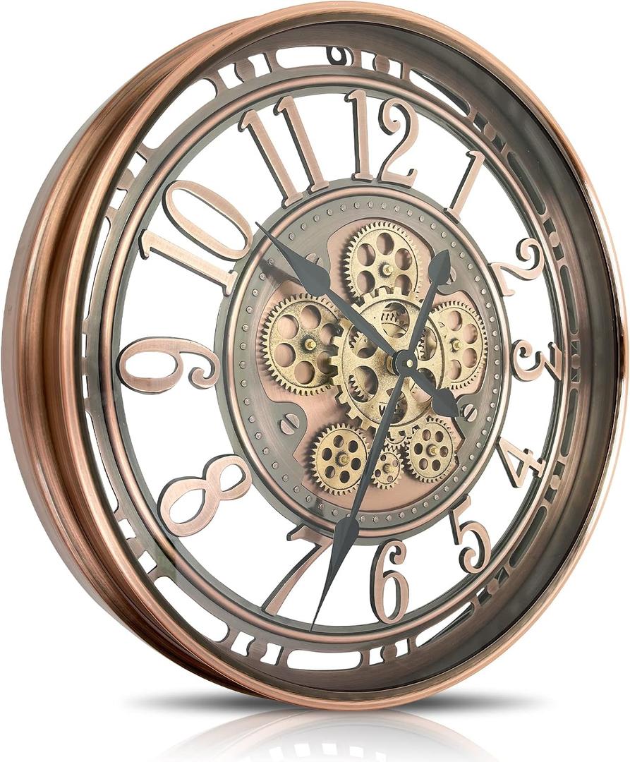 Real Moving Gears Wall Clock Large Modern Clocks for Living Room Decor, Industrial Steampunk Unique Vintage Rustic Decorative Clock for Home Farmhouse Office, 28 Inch,Red Copper Arabic