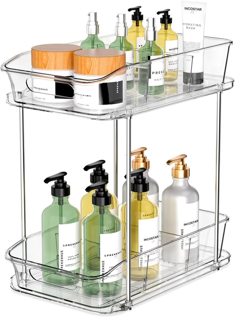 2 Tier Pull-Out Organizer for Bathroom Kitchen, Under Sink Storage with Dividers, Ideal for Cabinet, Cupboard Organization, Slide-Out Clear Storage, 1 Pack
