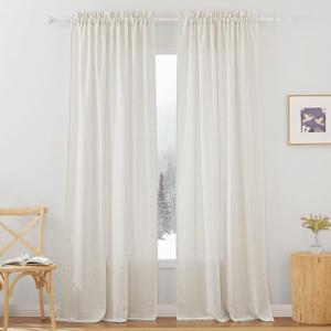 RYB HOME Linen Sheer Curtains - Semi Sheer Light Filtering Sheer Privacy Curtains, Country Rustic Window Curtains Draperies for Living Room Bedroom Patio Doorway, W 52 x L 95, 2 Panels, Linen