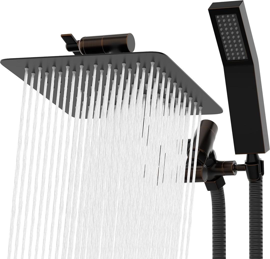 All Metal Shower Head 8" Dual Square Shower Head With Handheld Wand 71in Hose Set, High Pressure Rain Shower Heads Combo, 3-Way Diverter Rainfall Showerhead with Adjustable Extension Arm, 8 Inches, 2.5 GPM