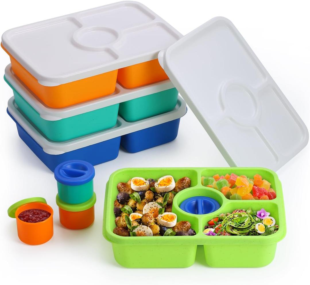QQKO Bento Box Adult Lunch Box, Meal Prep Containers Reusable, Snack Containers for Kids, 4 Pack Stackable Food Storage With Lids, Sauce Cups, Bright Colors