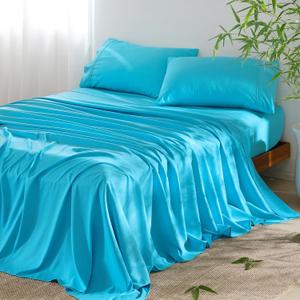 4 Piece King Size Sheet - Cooling Bed Sheets Set, Blend Rayon Derived from Bamboo, Breathable Soft Hotel Luxury Bedding & Pillowcases, Silky Fit 16 inch Extra Deep Pocket, Oeko-Tex - Aqua