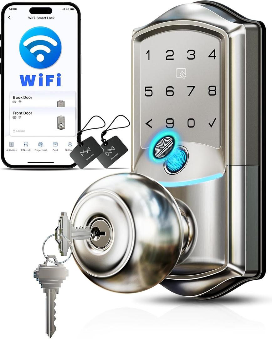Veise VE028 Built-in Wi-Fi Smart Lock with Knob, Fingerprint Keyless Entry with Handle, App Remote & Voice Control, Electronic Digital Keypad for Front Door and Bedroom, IP65 Waterproof, Satin Nickel