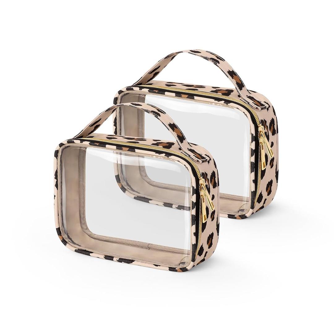Wedama TSA Approved Toiletry Bag, 2 Pack Clear Makeup Bags with Handles, Quart Size PVC Clear Cosmetic Bags for Women and Men, Carry on Airport Airline Compliant Bag, Leopard Print