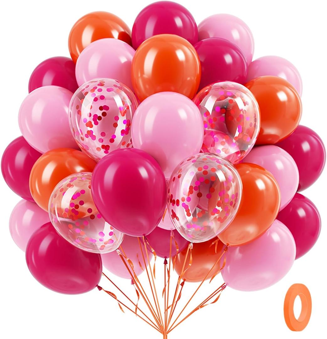 BAUANOOY Pink and Orange Balloons, 60pcs 12 Inch Pink and Orange Party Decorations with Confetti Balloons for Bachelorette Tropical Luau Party Engagement Birthday Party Decorations