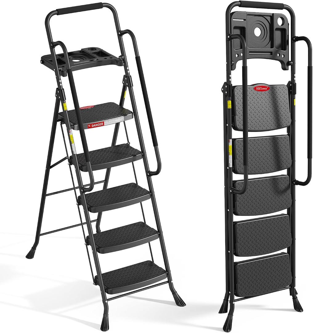 HBTower 5 Step Ladder, Folding Step Ladder with Handrails & Tool Tray | Step Ladder with Wide Anti-Slip Pedal for Home and Kitchen, 330lbs