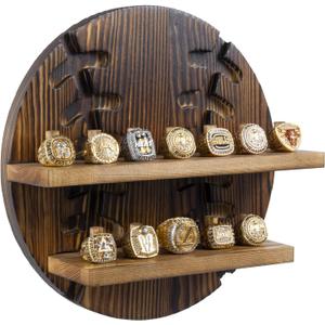 MyGift 2 Tier Championship Ring Display Case with Baseball Cutout Backing, Wall Mounted Baseball Ring Holder with 12 Pegs, Rustic Burnt Wood Baseball Decor for Rings