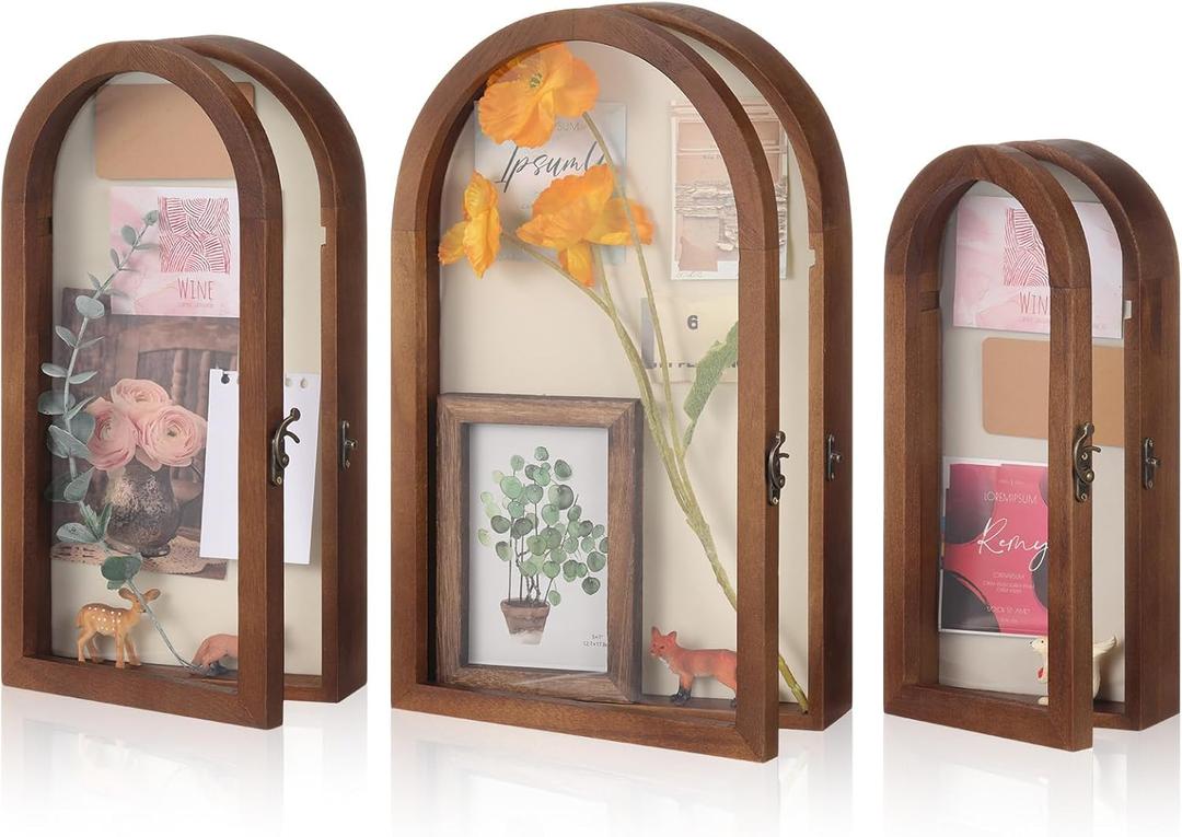 DoubleFill Set of 3 Wooden Shadow Box Frame with Removable Shelves Arch Shape Rustic Brown Memory Picture Frame Wedding Bouquet Keepsakes Box