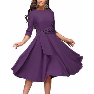 FENJAR Women's Formal Dresses Casual Wedding Guest Church Work Elegance Audrey Hepburn Style A-line Midi Dress(Z-Purple-L)