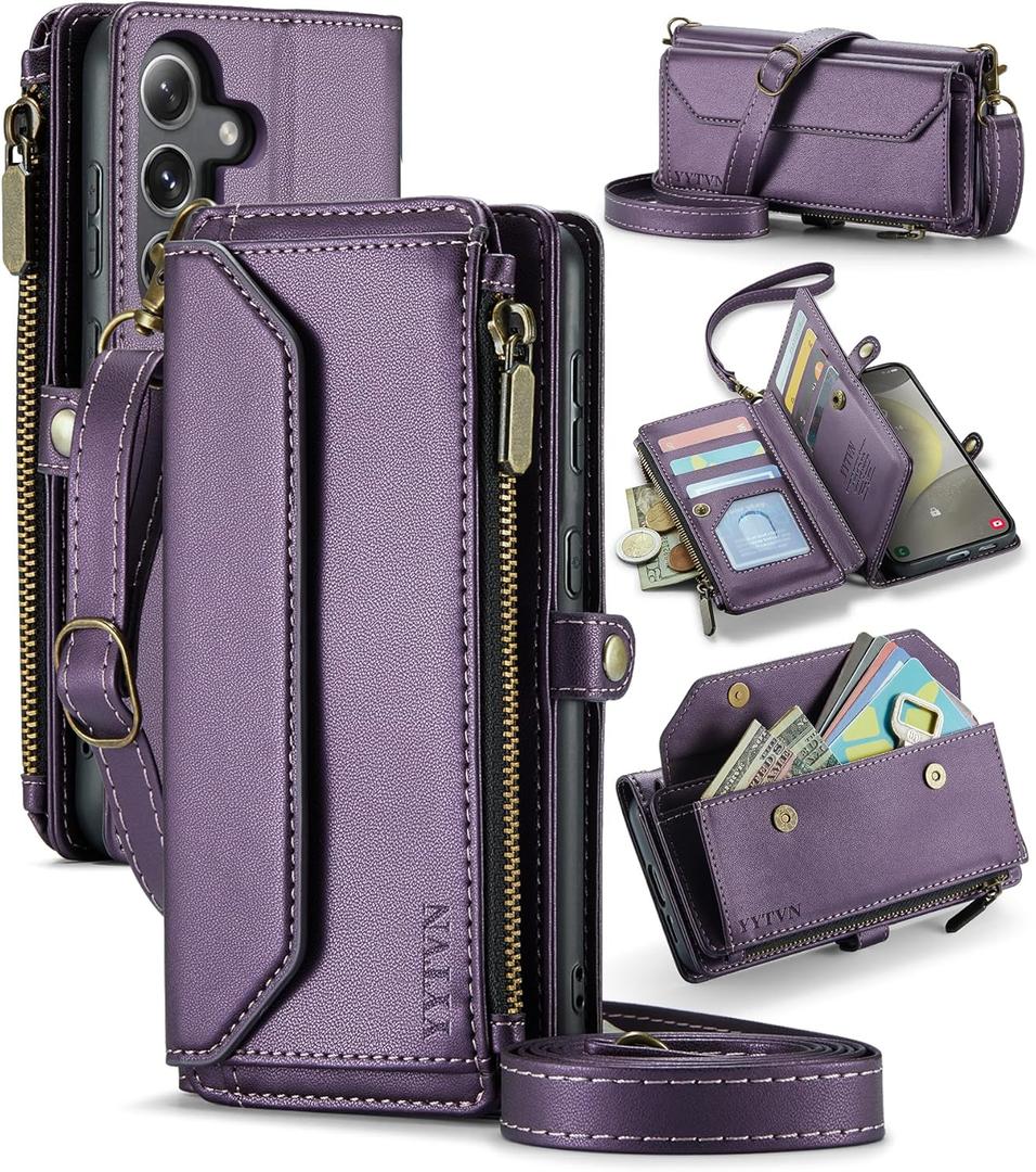 for Samsung Galaxy S23 FE Wallet Case with Zipper Card Holder & Crossbody Lanyard Strap & Wrist Strap, RFID Blocking PU Leather Magnetic Flip Handbag Purse Case for Samsung S23 FE -Purple