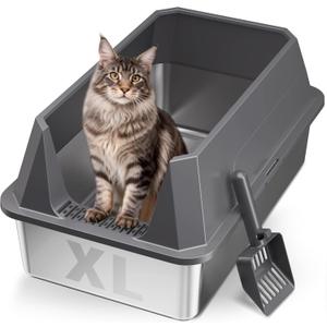 Stainless Steel Litter Box with High Sides, XL High Sided Cat Litter Pan, Open Top Extra Large Metal Cat Litter Box, Non-Stick, Odor Free, Leakproof, Scoop Included, Gray XML3-Light Gray-BT-03
