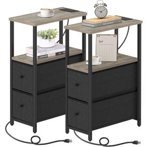 TUTOTAK Small Narrow End Table with Charging Station, Set of 2, Side Table with Outlets, Nightstand with 2 Cloth Drawers, Couch Table, for Living Room, Bedroom, Bedside, Greige TB01BG055