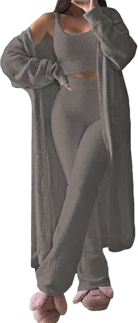 Women's Fuzzy 3 Piece Sweatsuit Open Front Cardigan Crop Tank Tops Wide Legs Pants Lounge Sets (Large, Dark Grey)