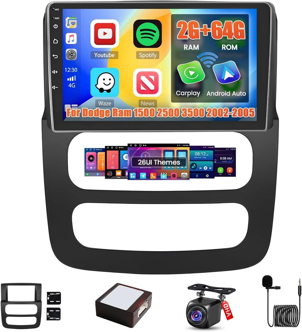2+64G Screen for Dodge Ram 1500 2500 3500 2002 2003 2004 2005 CarPlay Stereo Android 15 Car Radio 9" Touchscreen Android Auto Backup Camera GPS FM RDS DSP 26UI