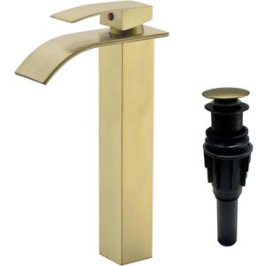 Tall Bathroom Vessel Faucet Champagne Brushed Gold, Waterfall Tall Gold Bathroom Faucet Single Handle 1 Hole Lavatory Sink Bowl Mixer Tap with Sink Drain