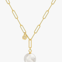 18k Gold Chain Link Necklace for Women, Baroque Pearl/Compass Pendant Necklace