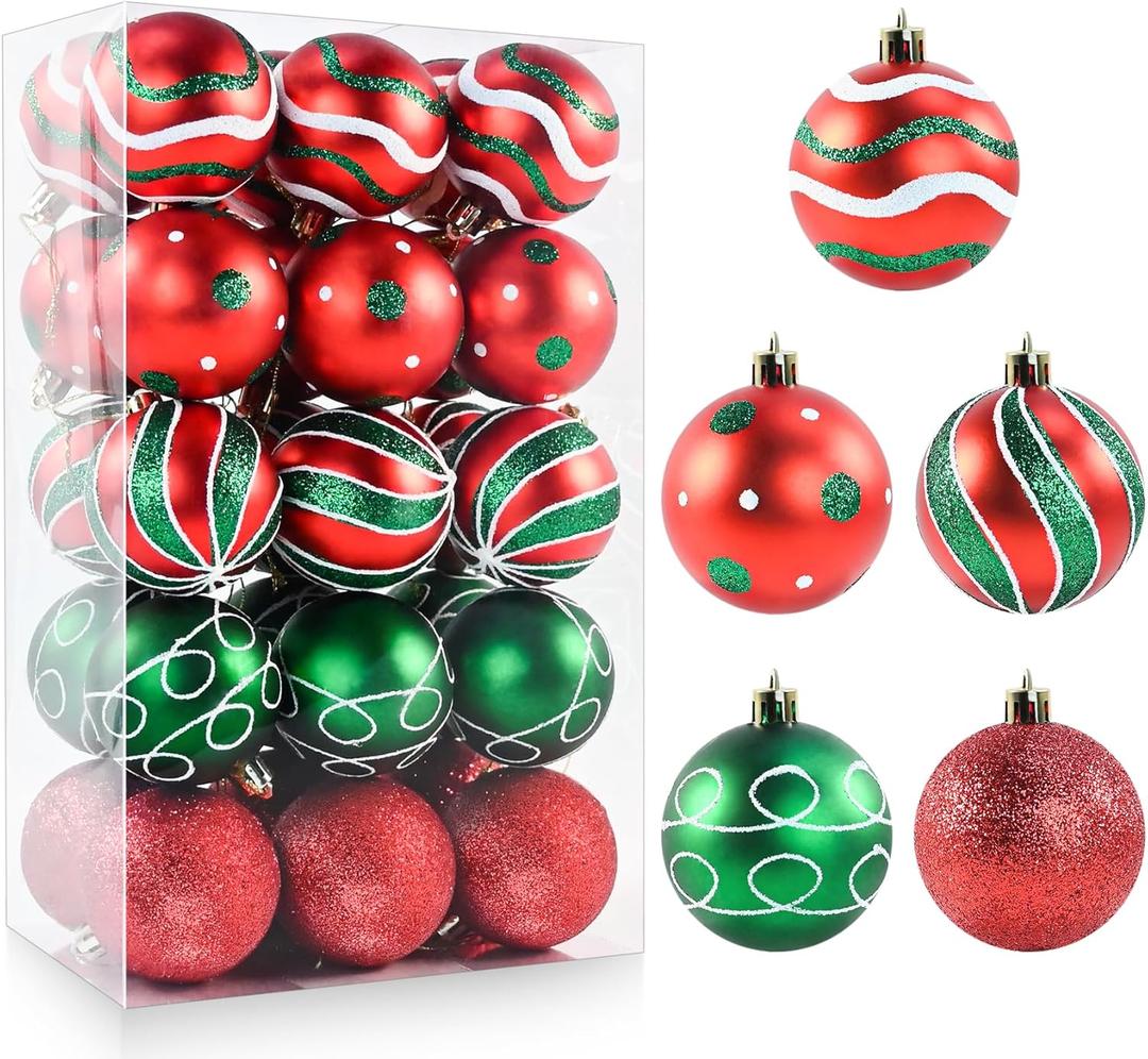 30PCS Christmas Ball Ornaments, 2.36" Red Green Christmas Balls Ornaments for Tree, Shatterproof Xmas Tree Decoration, Painting & Glittering Hanging Ball Baubles