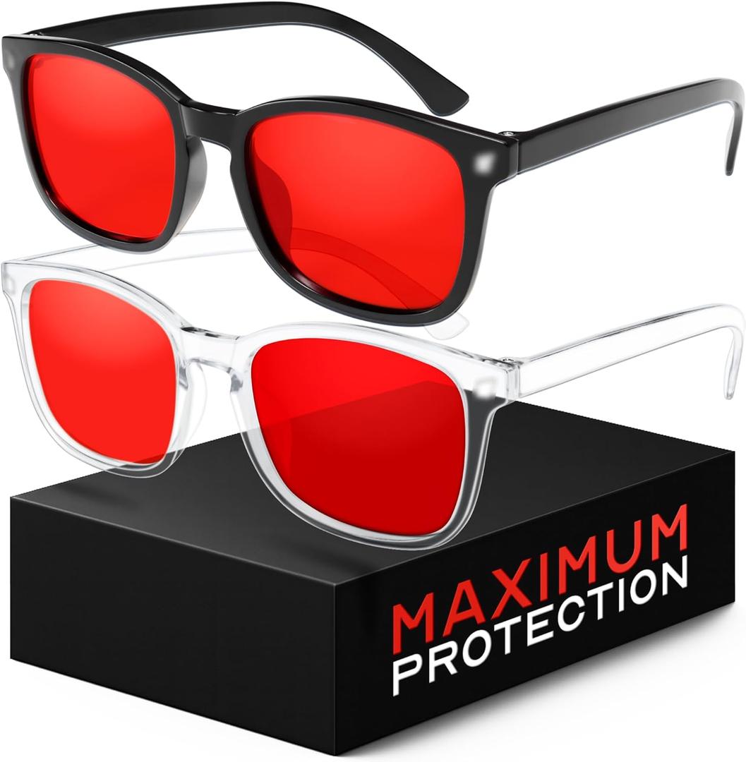 livho Sleep Glasses for up to 99.9% Blue Green Light Blocking for Computer Gaming, Dual Coatings Red Lens, for Women & Men (*B1 Light Black+clear)
