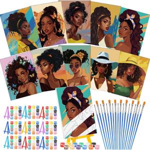 Blosssound 10 Set Pre Printed Canvas Pre Drawn Canvas Painting with Easel Kits 5" x 7" Outline Painting Panels for Beginners, DIY Craft Project, Home Decors(Black Women)
