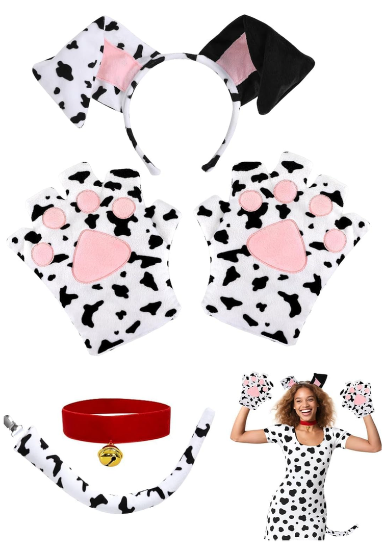 Cat Halloween Costume Accessory 5 Pcs Set with Ears Headband Paws Gloves Bow Tie Tail for Adults, One Size