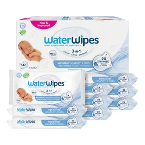 WaterWipes Sensitive+ Newborn & Baby Wipes, 3-In-1 Cleans, Cares, Protects, 99.9% Water, Unscented & Hypoallergenic, 540 Count (3 Packs)
