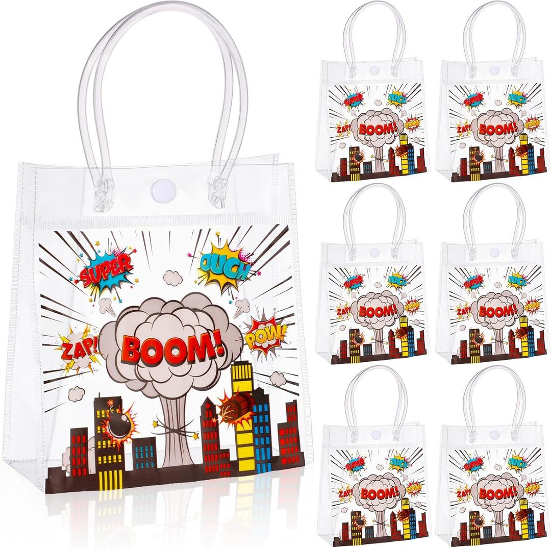 Sweetude 24 Pcs Hero Party Favors Bags Bulk with Handle Party Favor Clear PVC Goodie Candy Treat Tote Transparent Shopping Gift Bags for Birthday Decorations Rewards Supplies