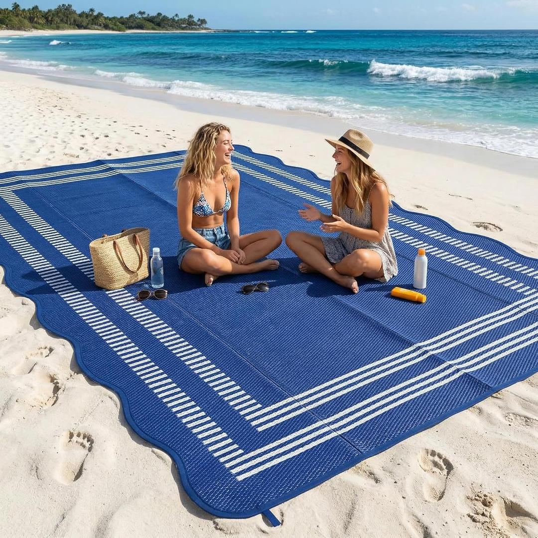 Garvee Waterproof Outdoor Rug 9x12, Scalloped Geometric Foldable Plastic Straw Patio Camping Rug, Outdoor RV Carpet for Deck Camper Porch Balcony Backyard Picnic Beach Blue