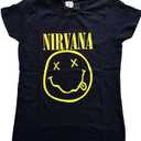 Nirvana T Shirt Yellow Smile Band Logo Official Womens Junior Fit Navy Blue Size L