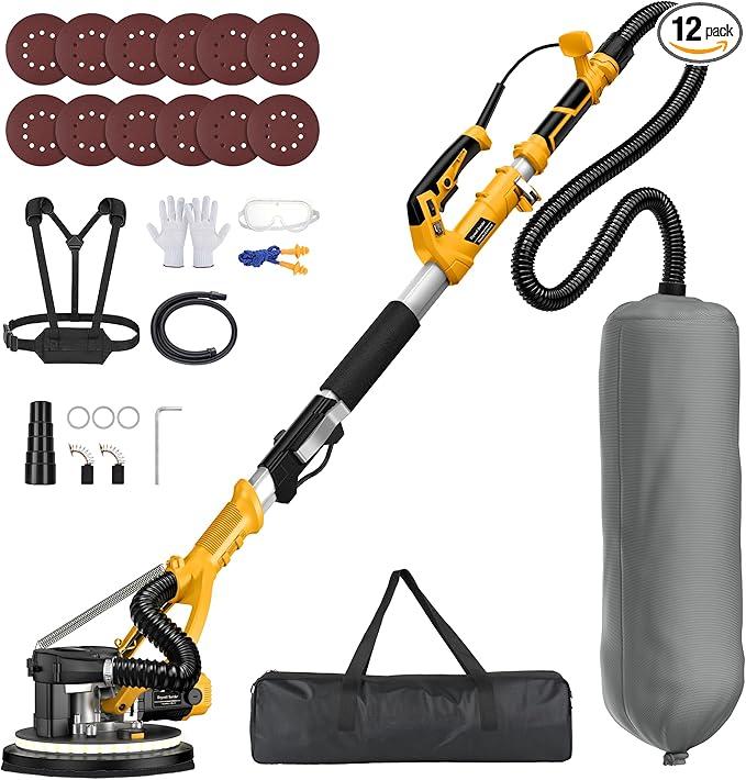 MAKELIFT Drywall Sander with Vacuum Dust Collector, 880W 7.33A Popcorn Ceiling Removal Tool, LED Light, 5 Variable Speed 1000-2100RPM, Foldable & Extendable Handle, 12 Sanding Discs