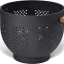Metal Colander with Wood Handle and Stable Base, Powder Coated Steel Kitchen Strainer Basket for Draining Pasta, Vegetable and fruit(5.5quart,Matte Black)