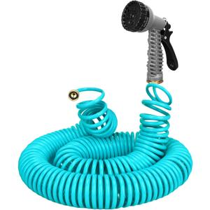 50 FT 3/8" Lightweight Coiled Garden Hose EVA Flexible with 7 Function Nozzles and Brass Connectors for Garden Watering Plants Greenhouses Patios Lake Blue