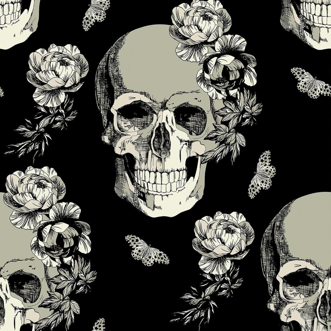 Black Gothic Skull Wallpaper Peel and Stick Vintage Dark Floral Butterfly Wallpaper Sugar Skull Flower Contact Paper Home Decorative 12"x118" Removable Wall Paper for Bedroom Basement Door