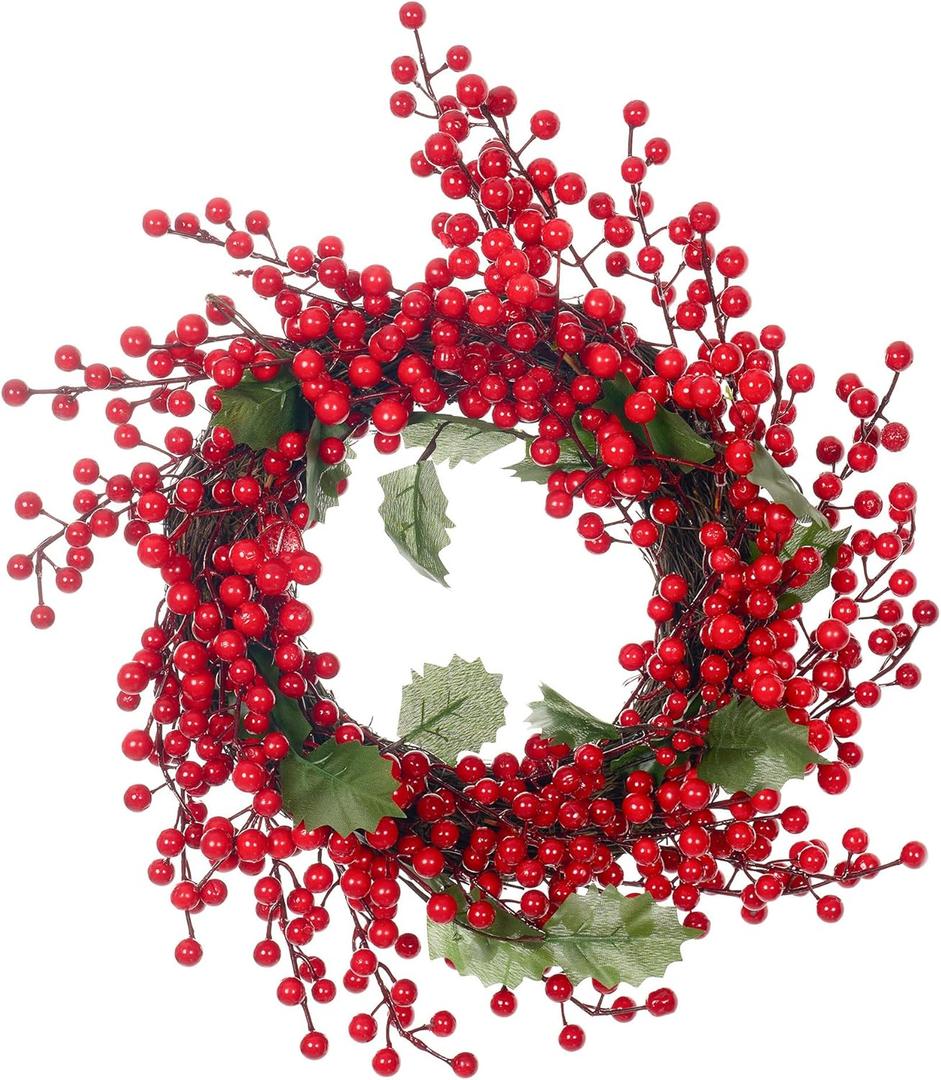 Christmas Red Berry Wreath - 20 Inch Red Berry Garland Wreaths, Handmade Grapevine Wreath for Front Door, Indoor Outdoor Farmhouse Window Hanging, Winter Christmas Decor