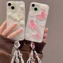 Changjia for iPhone 16 Glitter Butterfly Case,Cute Girly 3D Flower Floral Crystal Pearl Bling Sparkle with Wrist Strap Chain Soft TPU Silicone Aesthetic Women Girls Phone Case for iPhone 16 6.1", Pink