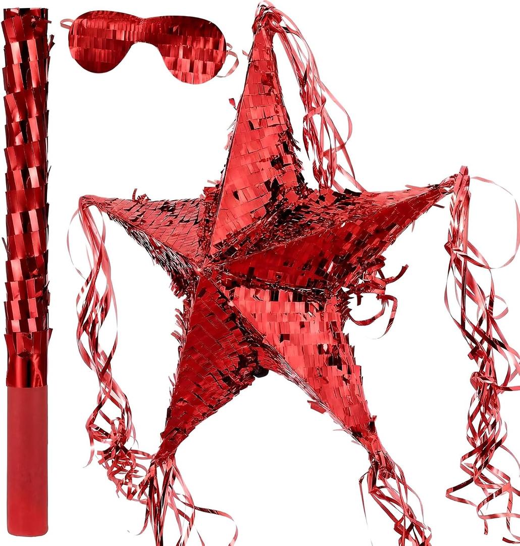 Hanaive Foil Star Piñata with Blindfold and Bat for Birthday Foldable Star Shape Piñata with Stick Festive Fiesta Party Supplies Favors for Mexican Party(Red)