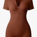 OQQ Women Rompers Ribbed Short Sleeve Zip Front Stretch Tummy Control Yoga Workout Rompers, Size Large