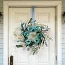 6 Pcs Small Blue Daisy Flower Hanging Wreaths for Cabinets with White Floral Eucalyptus Leaves Lavender Artificial Grains Mini Candle Rings Wreath for Home Front Door Farmhouse Coastal Blue Porch