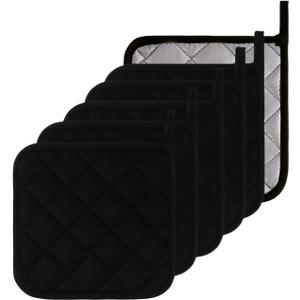 Kitchen Pot Holders Set Heat Resistant Pure Cotton Potholders Kit Trivets Large Coasters Hot Pads Terry Pot Holders for Everyday Cooking and Baking by 7 x 7 Inch Set of 6 Black