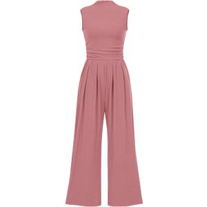 PRETTYGARDEN Womens Summer Jumpsuits Dressy Casual One Piece Outfits Sleeveless Mock Neck Wide Leg Pants Rompers with Pockets (Pink, L)