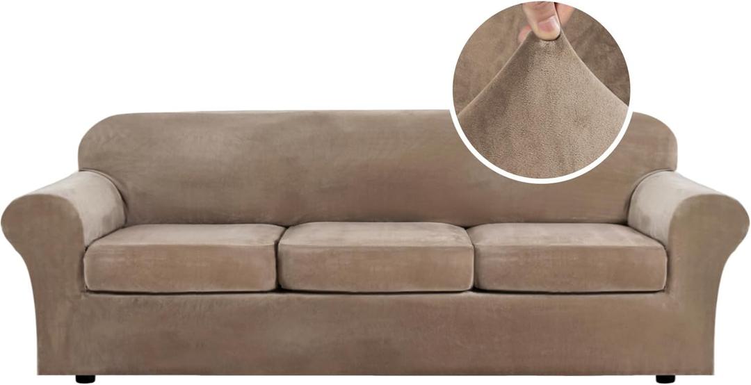 H.VERSAILTEX Velvet Plush 4 Piece High Stretch Sofa Slipcover Cover Furniture Protector Form Fit Thick Velvet Extra Large Sofa Cover for 3 Cushion Couch Width Up to 97 Inch (XL Sofa, Camel)