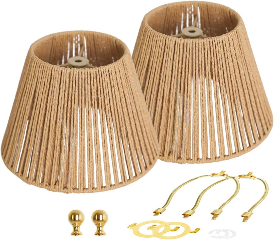 Rattan Lamp Shades Set of 2, Floor Lamps with Lamp Harps Lamp Shade Holder, Fabric Drum Shade with PVC Lining, Spider Fitter for Table Lamps,Floor Lamps, 5.5x8.7x6.6 Inch