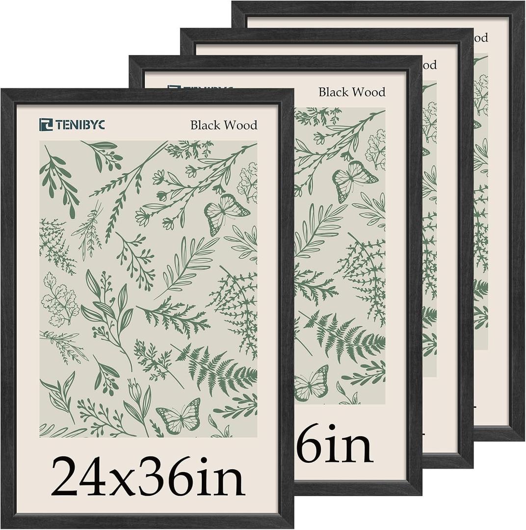 24x36 Poster Frame 4 Pack, Textured Black Wood Picture Frame, Suitable for Photos, Puzzles, Paintings & Maps, Wall Hanging