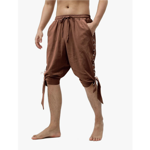Mens Pirate Shorts Renaissance Viking Costume, Medieval Lace-up Banded Pants Cotton Linen Cosplay Outfitss
Size M