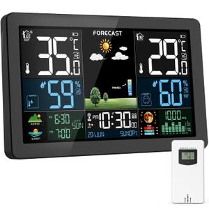 Weather Station Wireless Indoor Outdoor, Thermometer Wireless with Remote Sensor, Home Weather Station, Color Display Digital Weather Forecast, Humidity, Atomic Clock, Air Pressure for Home (Black)