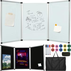 Double-Sided Trifold Display Board 3 Panel Presentation Whiteboard 70.4 x 35.4in Trade Show Presentation Board Aluminum Tabletop Display Folding Panel for Trade Show Table Top