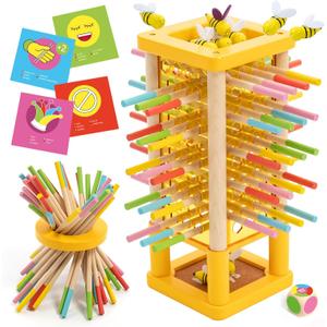 Nene Toys BeeFall Wooden Tower Game for Kids 3+  4-in-1 Stick Drop Bee Game with Dice & Action Cards, Rainbow Sticks Ring  Montessori Board Game for Family Game Night, Fine Motor Skills