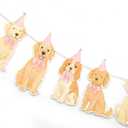Dog Themed Birthday Party Banner, Golden Retriever Puppy Design with Pink Party Hats and Bows, 80 Inch Adjustable Garland Decoration for Kids Baby Dog Birthday Party Supplies