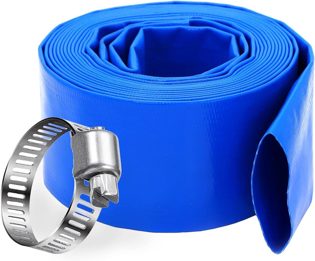 DAVCO 3" x 25 ft Pool Backwash Hose, Heavy Duty Reinforced Blue PVC Lay Flat Water Discharge Pump Hoses For Swimming Drain Pools and Clean Filters,with 1 Clamp
